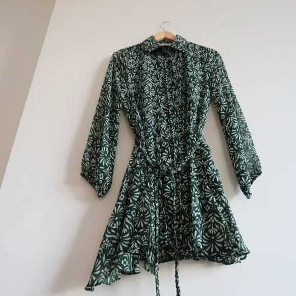 ZARA Sheer Leaf Print Belted Button Front Dress in Forest Green Boho - Size S - Picture 11 of 16